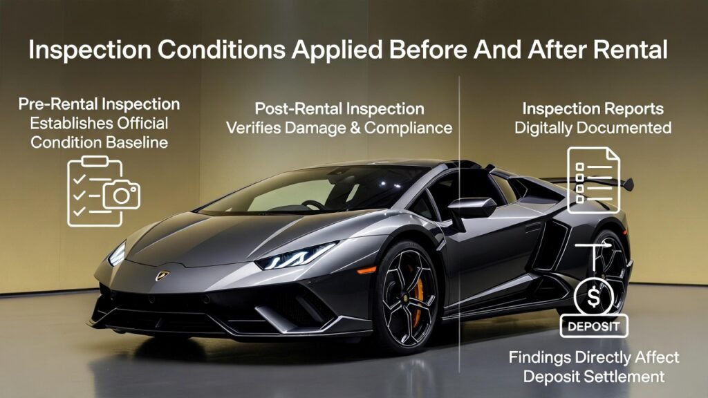inspection conditions under lamborghini rental conditions Dubai showing pre and post rental vehicle inspection process