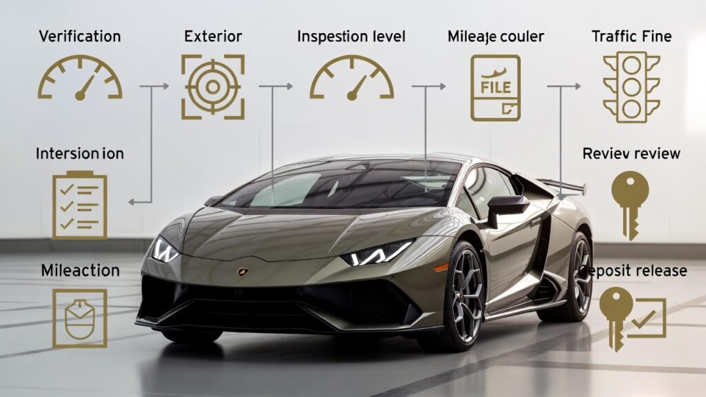 Lamborghini return procedure in Dubai showing fuel verification, vehicle inspection, mileage reconciliation, traffic fine review, and deposit release process.
