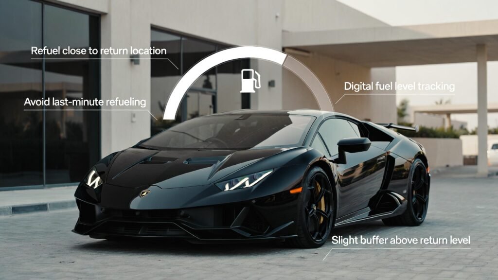 Lamborghini Rental Fuel Policy – Tips for Fuel Cost Control (Dubai 2026) Lamborghini supercar near a Dubai rental return location with fuel gauge and digital indicators highlighting smart refueling and cost-control practices.