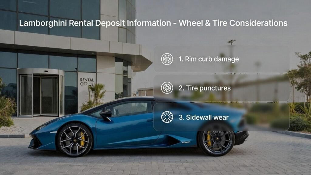 User guide image highlighting lamborghini rental deposit information for wheel and tire considerations including rim damage, tire punctures, and sidewall wear in Dubai 2026