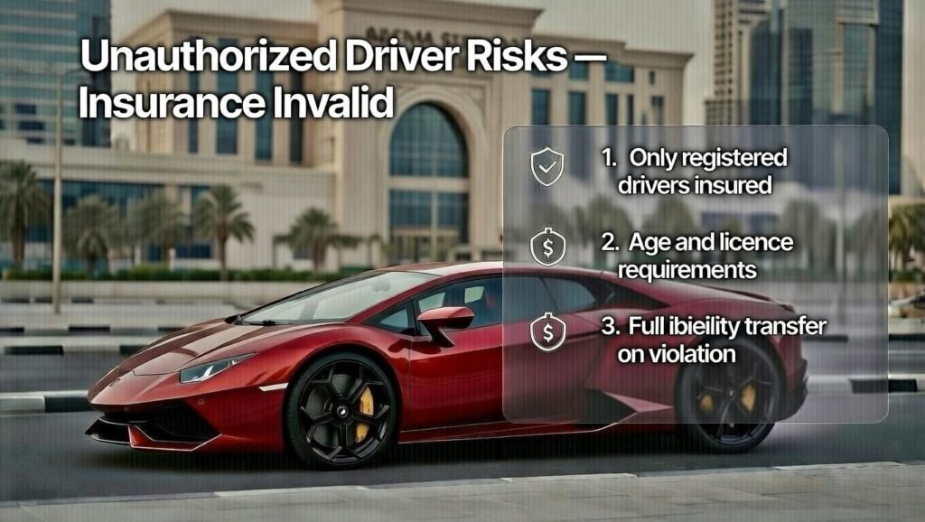 User guide image explaining unauthorized driver risks in Lamborghini rental insurance including invalid coverage and full liability transfer in Dubai 2026