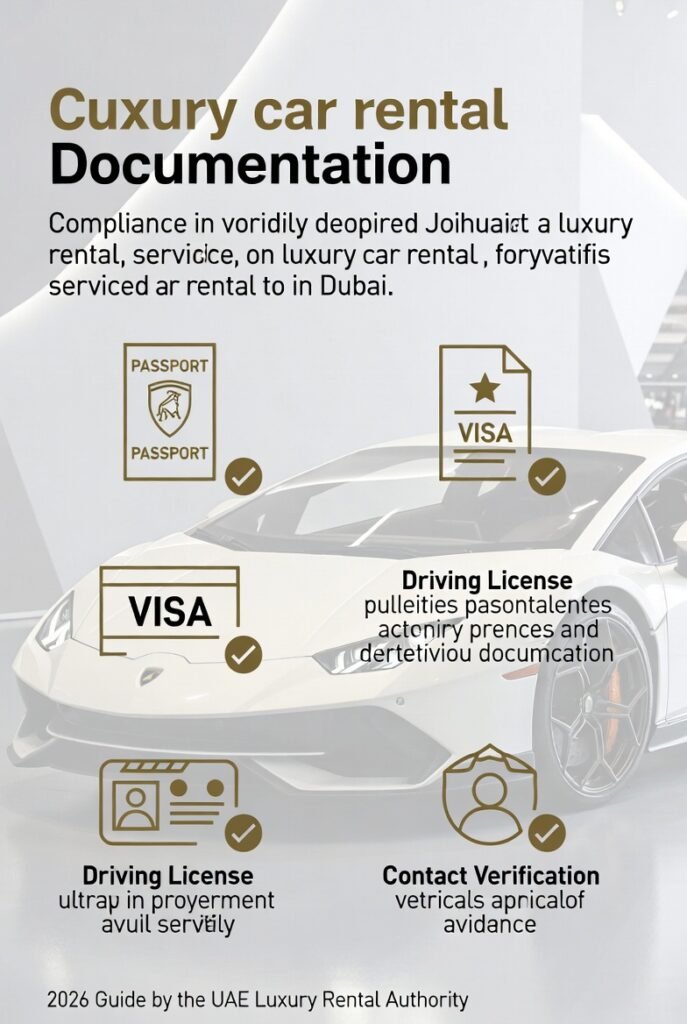 Identity and documentation verification for Lamborghini rental in Dubai showing passport, visa, driving license, and contact verification requirements in 2026.