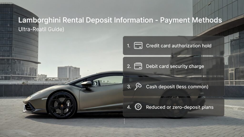 User guide image explaining lamborghini rental deposit information payment methods including credit card hold, debit charge, cash deposit, and zero-deposit plans in Dubai 2026