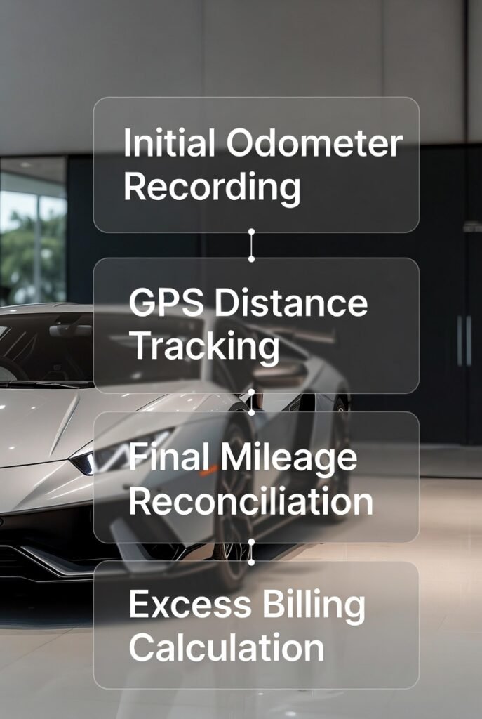 Lamborghini supercar shown with a step-by-step mileage enforcement workflow including odometer recording, GPS tracking, reconciliation, and excess billing.