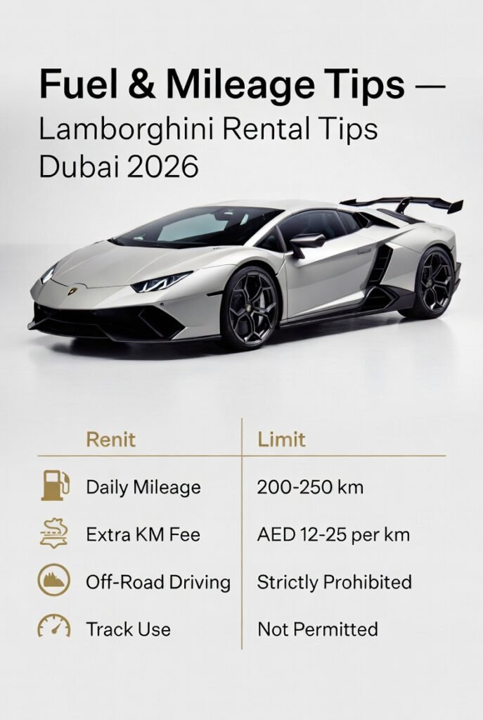 Lamborghini rental fuel and mileage tips Dubai 2026 explaining daily mileage limits, extra kilometer charges, and prohibited off-road or track use with white background car view