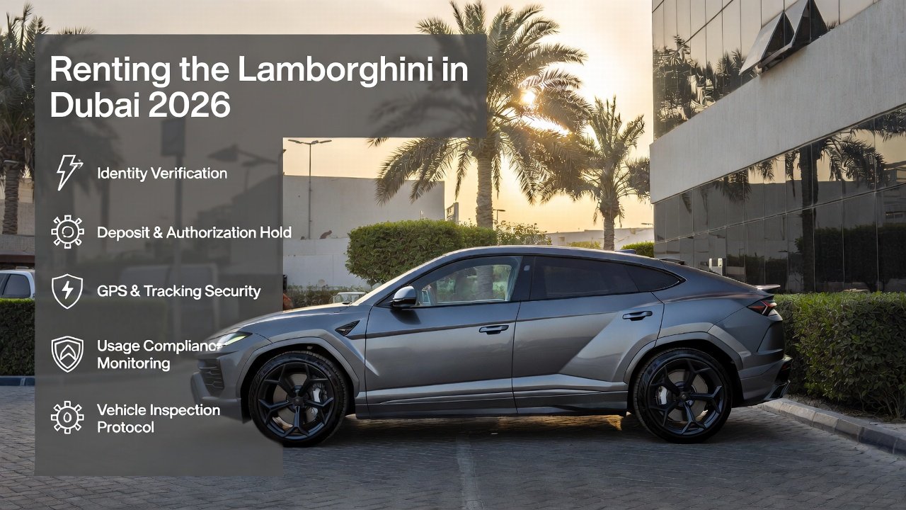 Lamborghini rental security rules guide image showing a secured Lamborghini Urus at a Dubai luxury car rental facility with compliance, deposit, and protection measures in 2026
