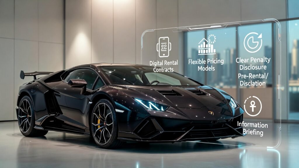 Lamborghini rental terms explained highlighting 2026 rental contract trends including digital agreements, flexible pricing, and transparent penalty disclosure in Dubai