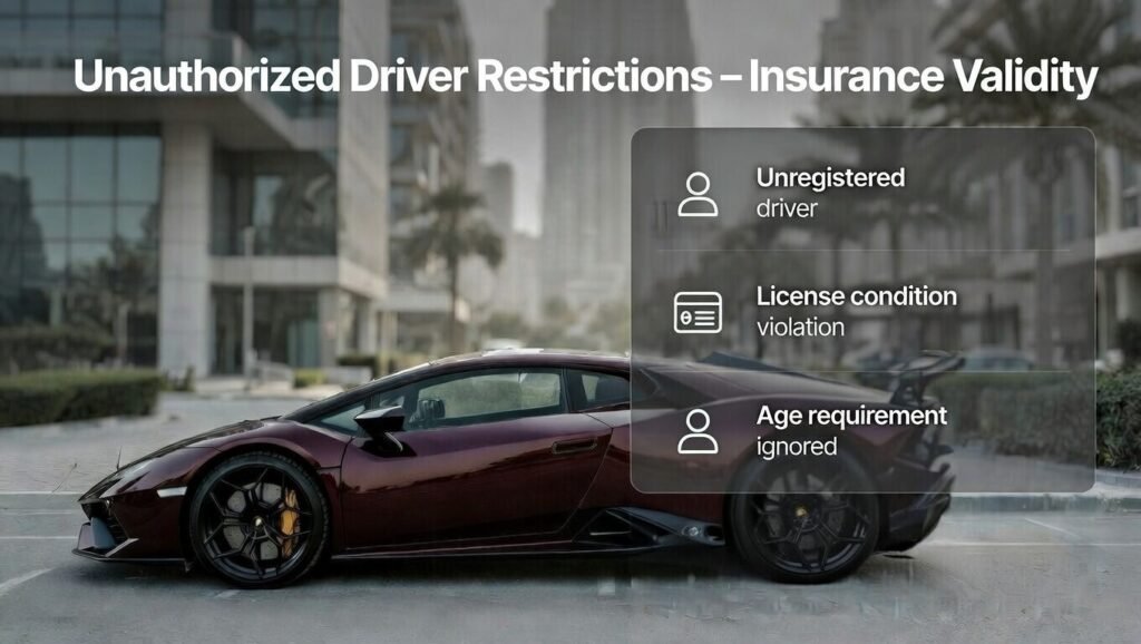 User guide image showing unauthorized driver restrictions affecting Lamborghini rental insurance validity in Dubai 2026
