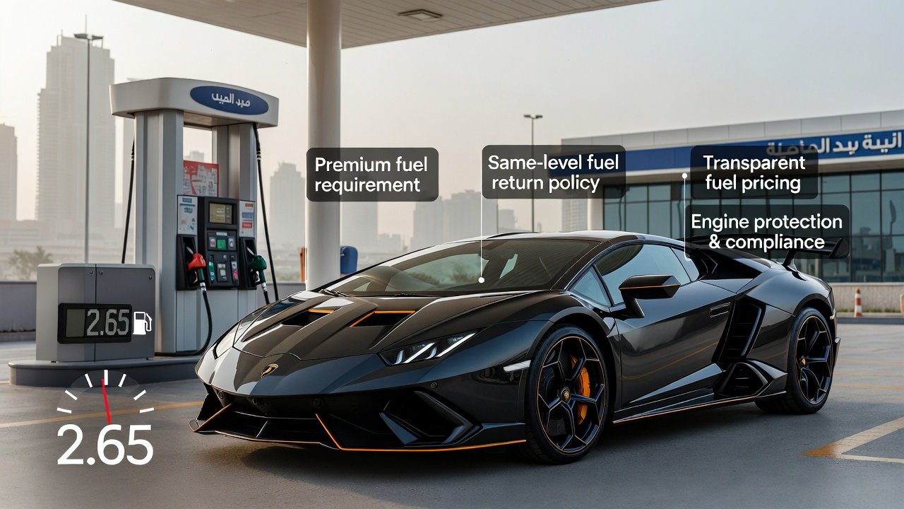 Lamborghini supercar at a modern Dubai fuel station with premium fuel nozzle and fuel gauge indicating correct return level, representing Lamborghini rental fuel policy and compliance.