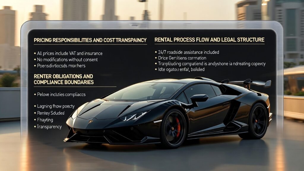 Lamborghini rental terms explained showing rental rules, pricing responsibilities, and legal usage conditions for Lamborghini rentals in Dubai 2026