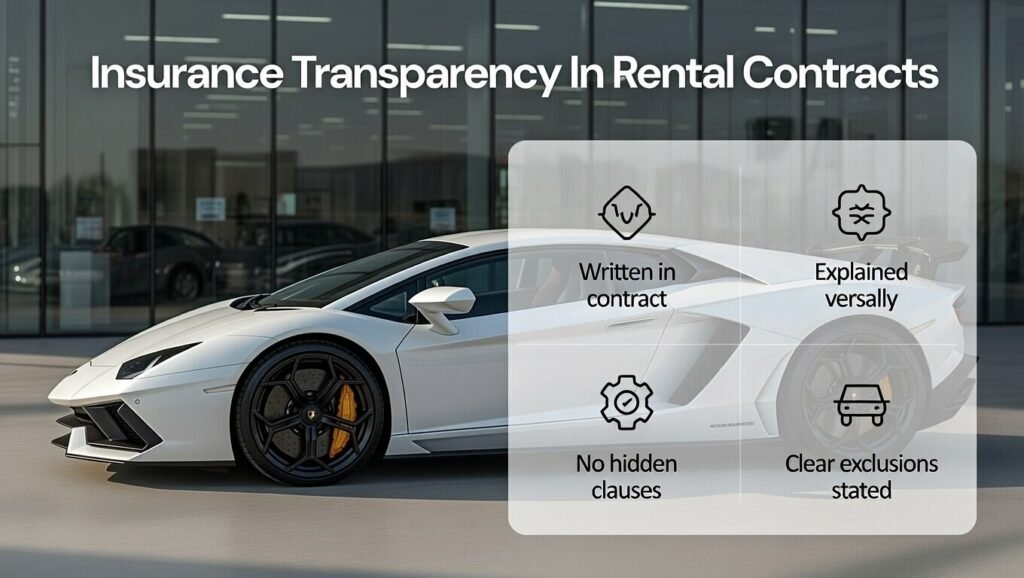 User guide image explaining Lamborghini rental insurance transparency in contracts including written terms, verbal explanation, no hidden clauses, and clear exclusions in Dubai 2026
