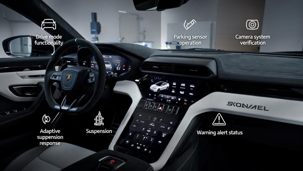 Lamborghini supercar interior inspection in Dubai showing electronic system checks including drive modes, parking sensors, cameras, adaptive suspension, and dashboard alerts.