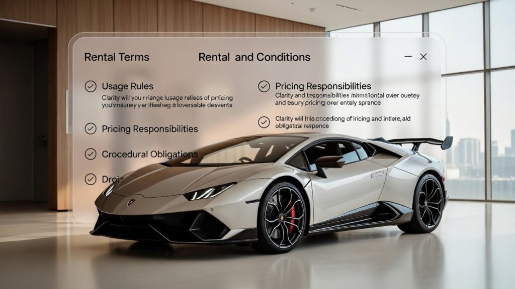 Lamborghini rental terms explained showing a luxury Lamborghini with clearly defined usage rules, pricing responsibilities, and rental procedures in Dubai