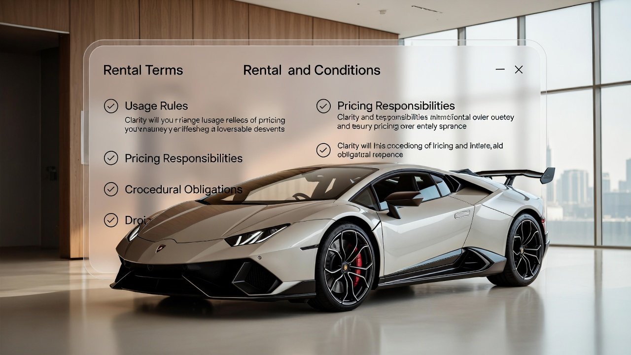 Lamborghini rental terms explained showing a luxury Lamborghini with clearly defined usage rules, pricing responsibilities, and rental procedures in Dubai