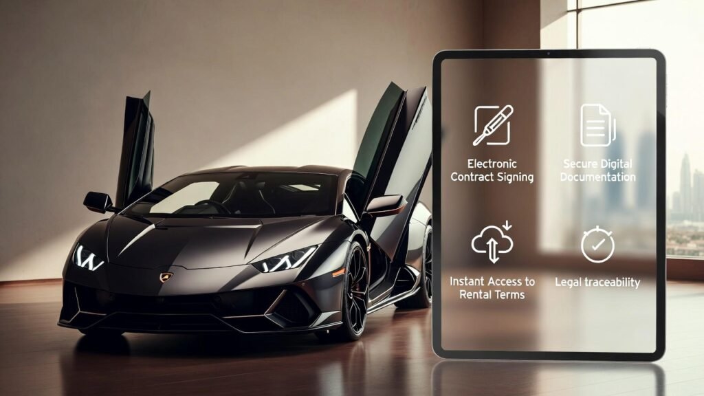 Lamborghini rental terms explained showcasing digital contract signing, secure documentation storage, and electronic rental process in Dubai 2026