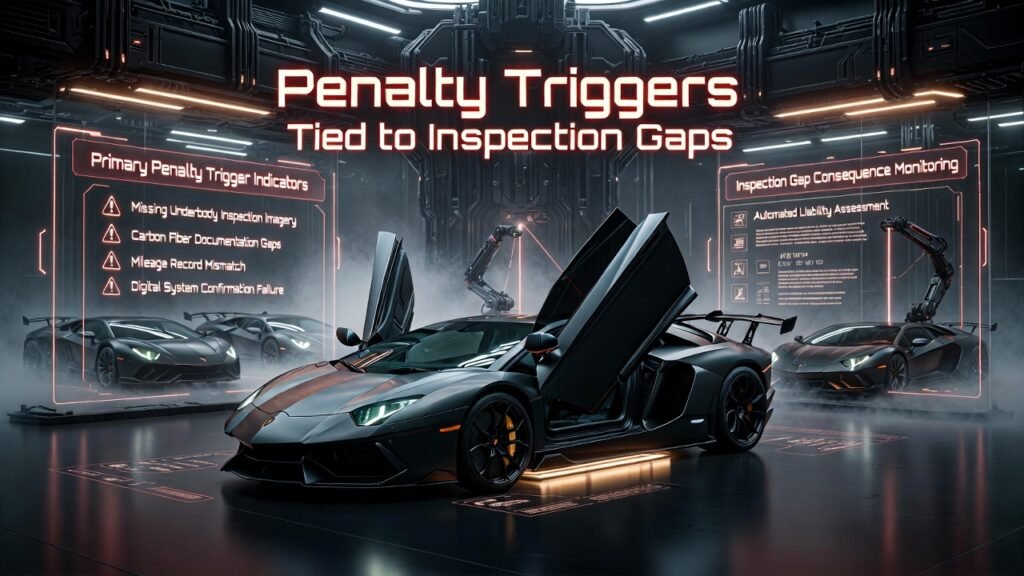Lamborghini Aventador S Inspection Penalty Triggers and Compliance Risk Monitoring Dubai 2026 Lamborghini Aventador S inside futuristic inspection compliance vault with holographic penalty trigger alerts and vehicle scanning technology
