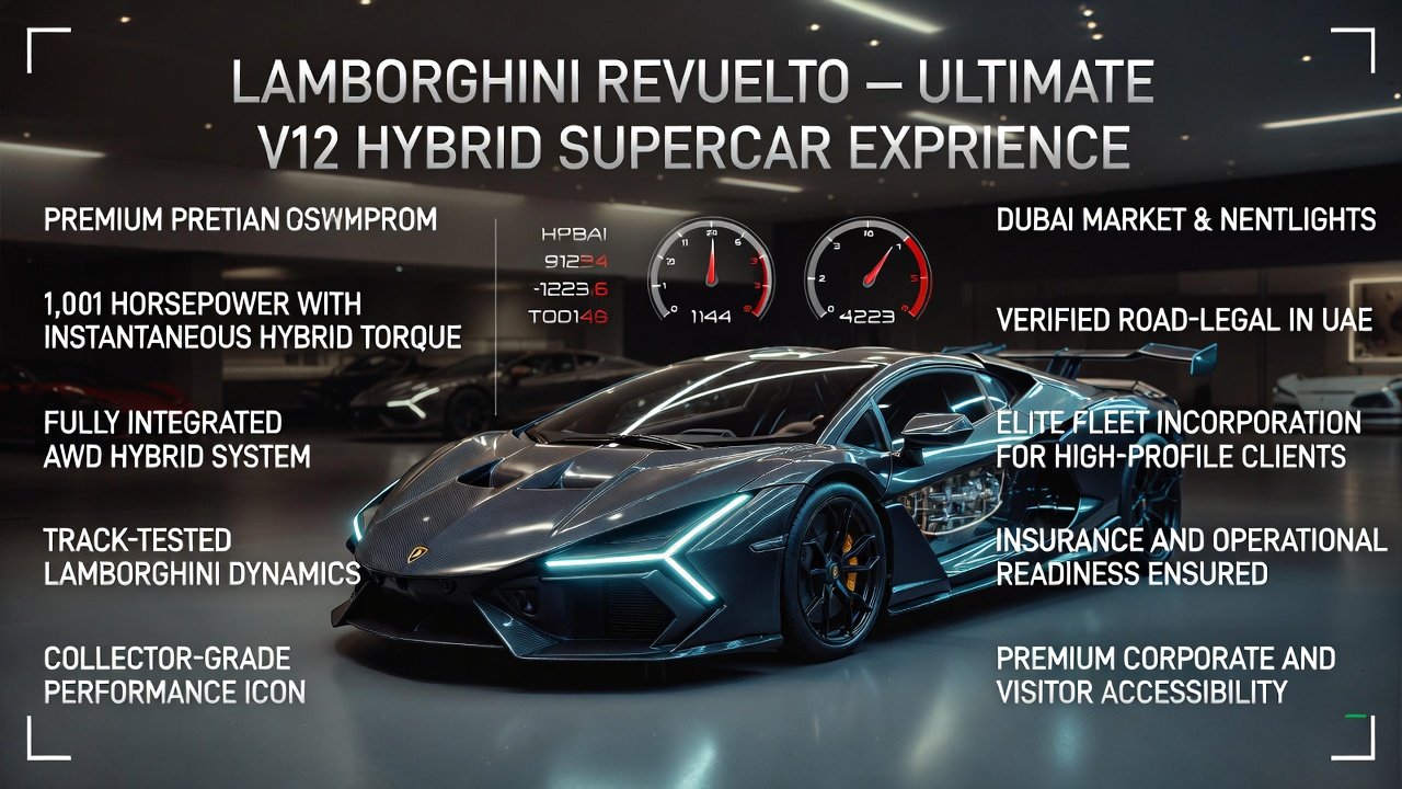 Infographic showing Lamborghini Revuelto at center with side bullet points highlighting 1,001 HP hybrid powertrain, AWD system, UAE compliance, and elite rental readiness in Dubai.