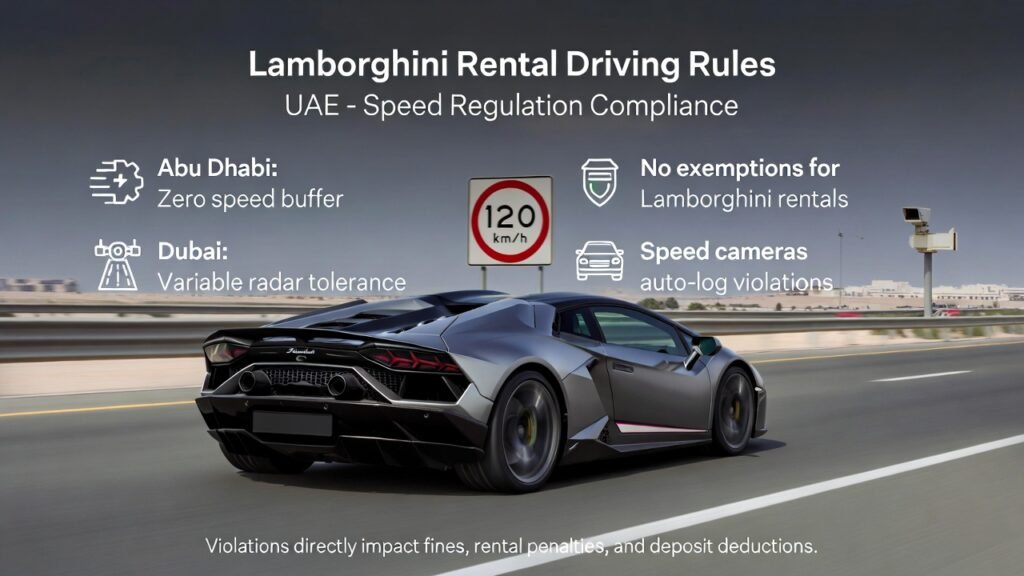 Lamborghini rental driving rules UAE speed compliance showing speed limit signs, radar cameras, and no exemption enforcement in Dubai 2026