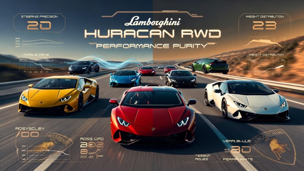 Lamborghini Huracan RWD Performance Purity and Rear-Wheel Drive Control Experience 2026 Multiple Lamborghini Huracan RWD rear-wheel-drive V10 supercars driving together on a premium Dubai highway showcasing precision handling, aerodynamic stability, and driver-focused performance engineering