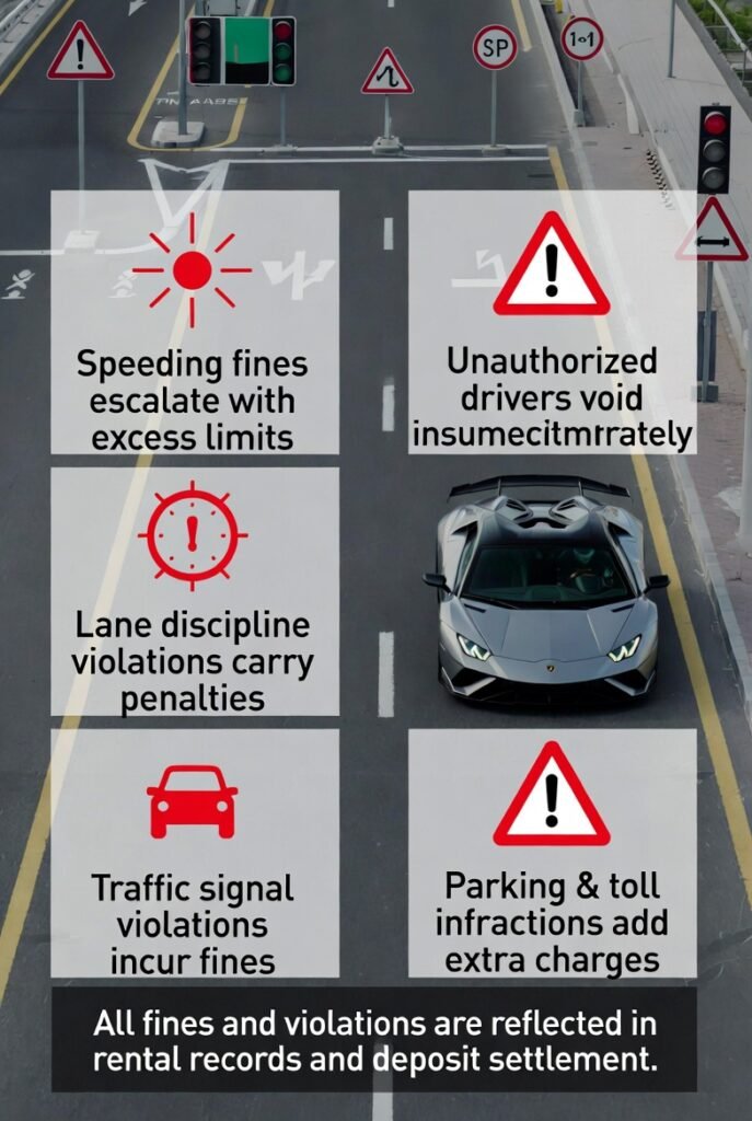 Common traffic fine categories affecting Lamborghini rentals in the UAE, including speeding, lane violations, signal offenses, and insurance void risks in Dubai 2026