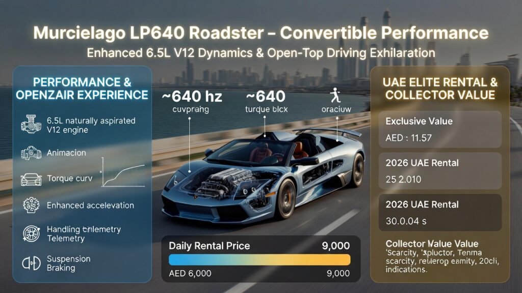 Animated infographic showing a Lamborghini Murcielago LP640 Roadster on a Dubai luxury route with open-top convertible animation, 6.5L V12 telemetry overlays, acceleration and handling visualizations, interactive daily rental pricing (AED 6,000–9,000), and elite rental fleet/collector exclusivity indicators.