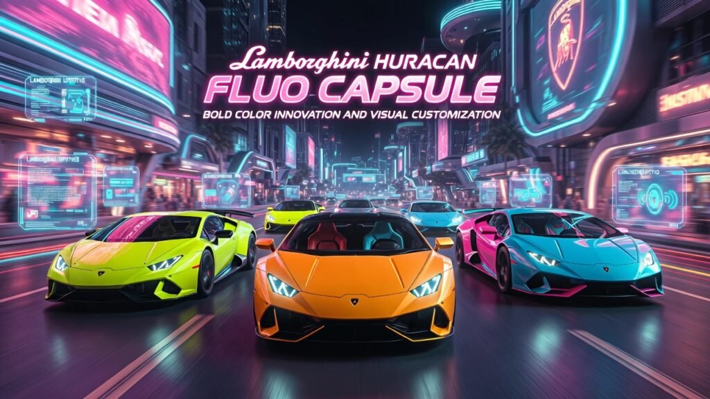 Lamborghini Huracan Fluo Capsule Neon Luxury Supercar Rental Dubai Multiple Lamborghini Huracan Fluo Capsule neon colored supercars driving in animated Dubai nightlife city with glowing holographic luxury graphics
