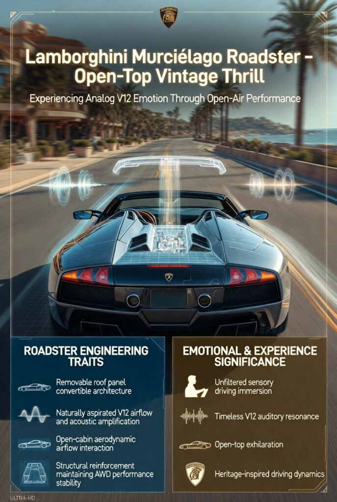 Animated infographic showing a Lamborghini Murciélago Roadster driving along Dubai’s coastal luxury highways near Dubai Marina and Palm Jumeirah, featuring airflow telemetry overlays, removable roof panel engineering visuals, and sensory V12 soundwave animations highlighting the emotional open-top driving experience.