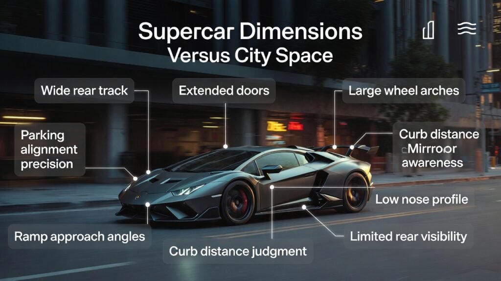 Luxury Lamborghini supercar showing width and spatial driving challenges in tight city streets with infographic points explaining parking alignment, visibility limits, and urban maneuvering difficulty.