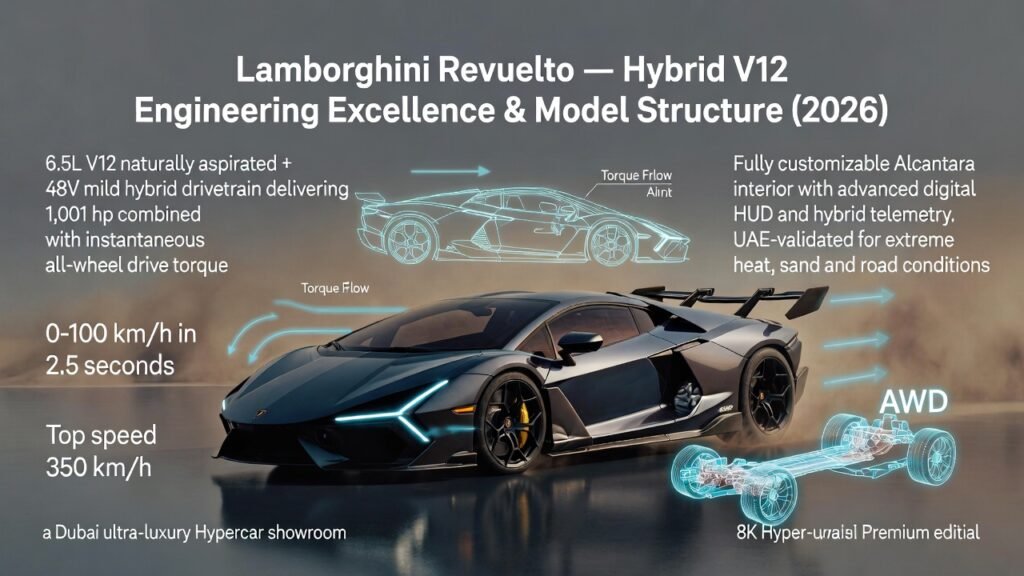 Infographic of Lamborghini Revuelto at center with side points showing V12 hybrid powertrain, AWD torque distribution, carbon-fiber monocoque, adaptive aerodynamics, interior tech, and UAE-tested validation.