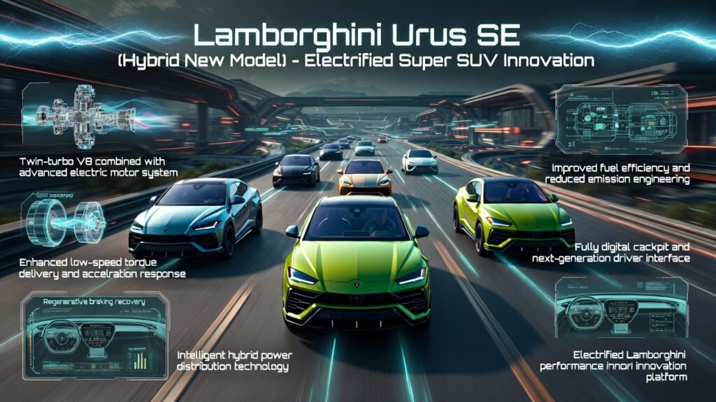Multiple Lamborghini Urus SE hybrid luxury SUVs in different colors driving together on futuristic animated smart city highway with electric energy effects and Dubai skyline