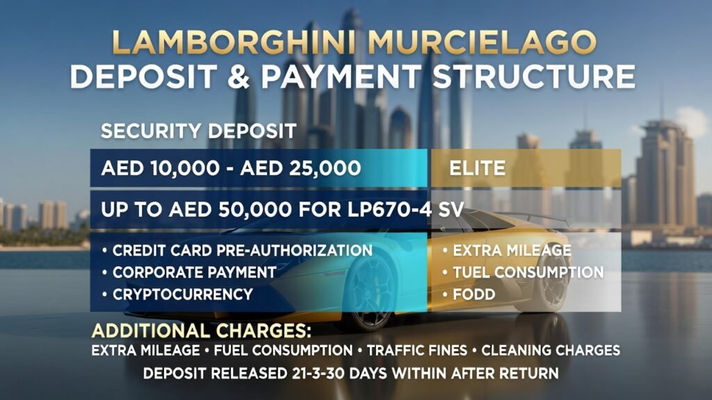 “Infographic illustrating Lamborghini Murcielago UAE 2026 rental liability and insurance. Shows comprehensive insurance, mandatory third-party coverage, excess AED 15,000–50,000, exclusions for clutch, carbon brakes, off-road, unreported incidents, and fleet telematics monitoring ensuring compliance and deposit protection.”