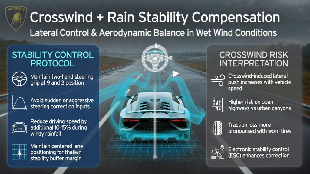 Animated infographic showing a Lamborghini driving through rainy crosswind conditions on a Dubai highway with airflow telemetry, lateral drift monitoring, rear traction mapping, and steering stability correction guidance.