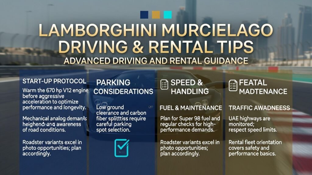 “Infographic showing Lamborghini Murcielago Dubai rental pro tips: warm-up V12 engine, premium parking, speed and handling awareness, Super 98 fuel planning, UAE traffic compliance, and safe photo-op guidance for Roadster variants, ensuring safety and vehicle longevity.”