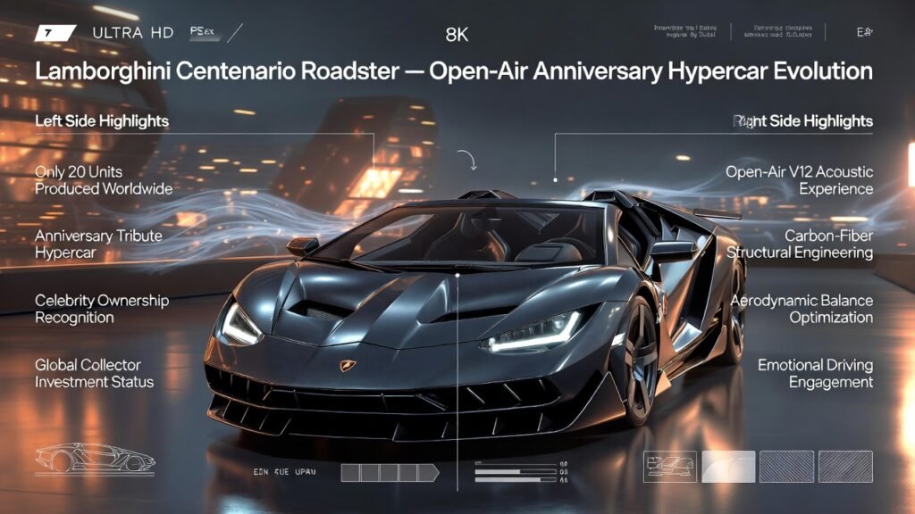 Infographic of Lamborghini Centenario Roadster showing open-air V12 hypercar design, carbon-fiber structure, and ultra-limited production in a luxury Dubai hypercar environment.