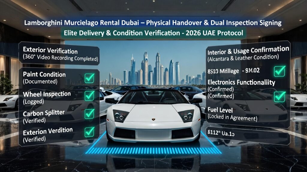 “Ultra-HD cinematic infographic showing Lamborghini Murcielago physical handover and dual inspection signing in Dubai 2026. Displays 360-degree video recording, paint and carbon splitter inspection, interior condition logging, fuel and mileage recording, and digital tablet signature confirmation in blue and green neon luxury interface.”