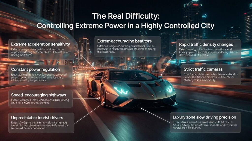 Lamborghini supercar driving in controlled urban traffic environment showing infographic points about acceleration control, traffic behavior challenges, and city driving precision.