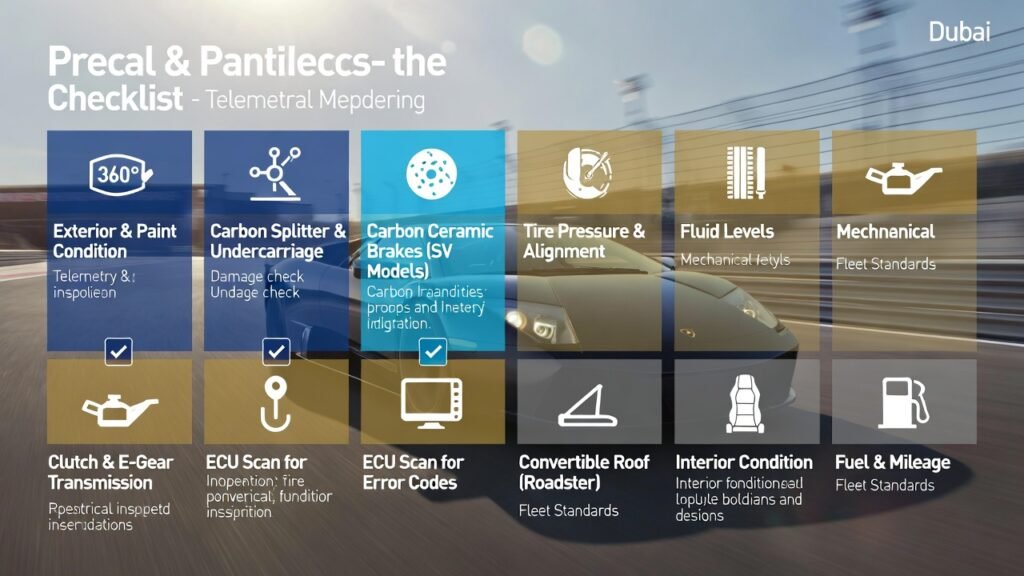 “Infographic showing Lamborghini Murcielago 10-step maintenance and pre-rental checklist: exterior/paint recording, carbon splitter/undercarriage check, carbon ceramic brakes, tire health, fluid levels, clutch/transmission, ECU scan, convertible roof, interior condition, fuel/mileage logging, ensuring mechanical safety and deposit protection in Dubai elite fleets.”