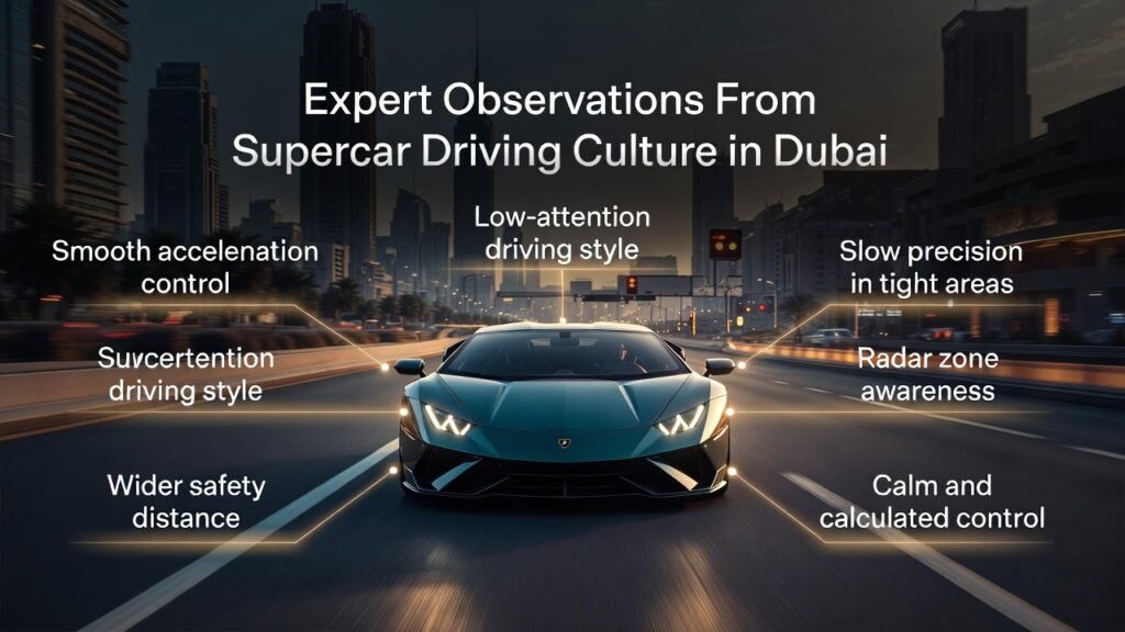 Lamborghini driving smoothly in luxury city environment with infographic points showing expert supercar driving habits and disciplined urban control techniques.