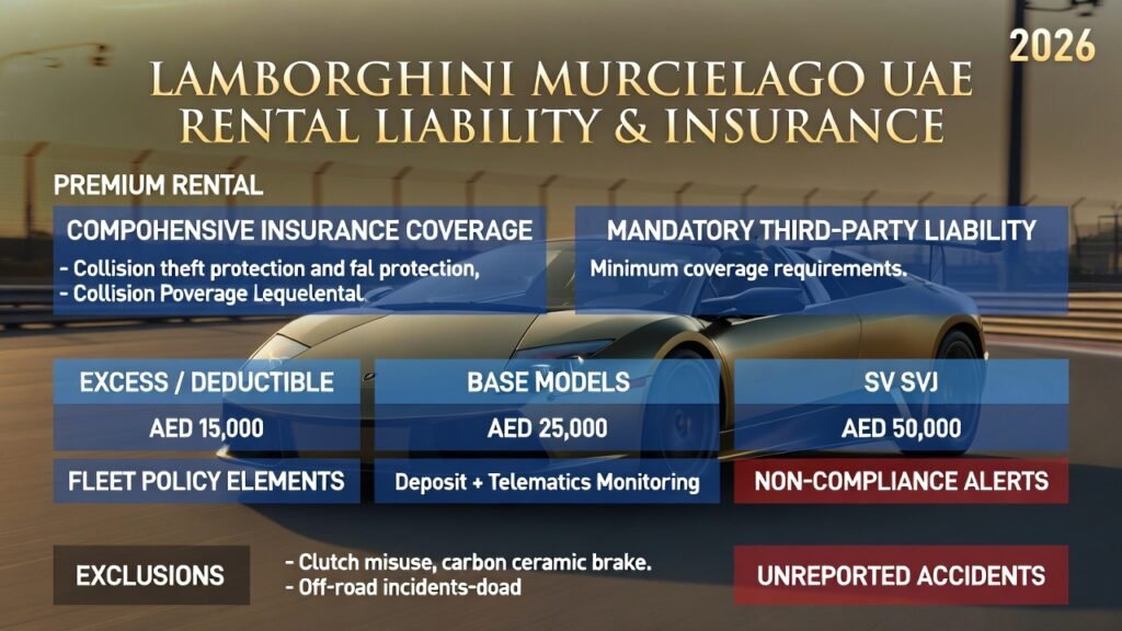 “Infographic case study of Dubai Lamborghini Murcielago fleet performance: LP640, LP640 Roadster, LP670‑4 SV. Shows average rental days, maintenance costs, common issues, insurance claim frequency. Highlights SV high maintenance but elite rental appeal, digital orientation reducing abuse, GPS/telematics fleet monitoring.”