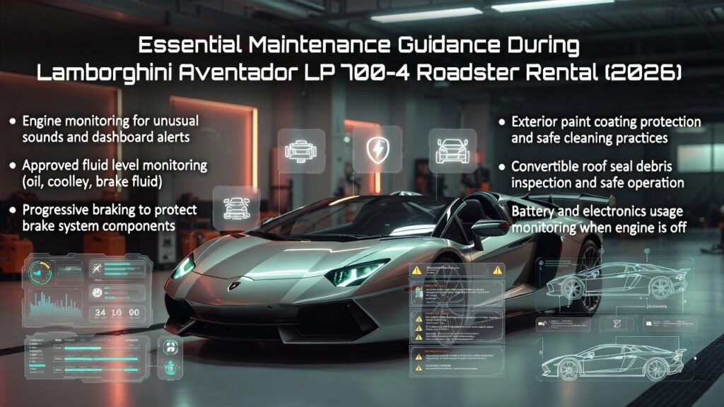 Luxury infographic showing a Lamborghini Aventador Roadster in a premium service environment with maintenance and performance protection guidance displayed as bullet points in a futuristic design.