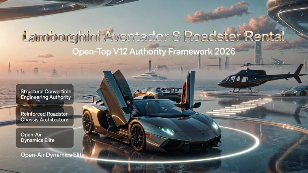 Lamborghini Aventador S Roadster convertible displayed on luxury coastal helipad with Dubai skyline during sunset cinematic lighting