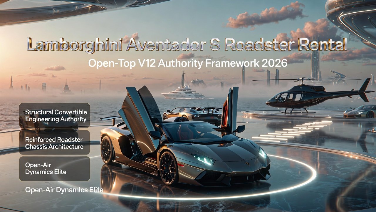 Lamborghini Aventador S Roadster convertible displayed on luxury coastal helipad with Dubai skyline during sunset cinematic lighting