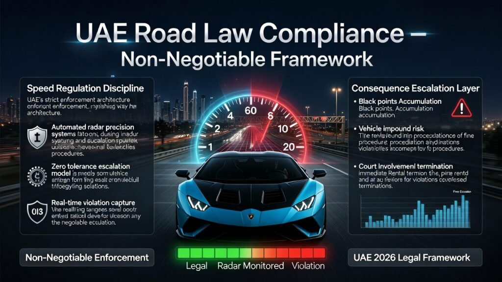 Blue and black Lamborghini on Sheikh Zayed Road at night with radar enforcement overlay and legal compliance graphics highlighting UAE speed regulation discipline and violation consequences.