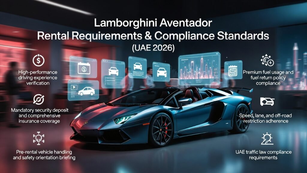 Luxury infographic showing a Lamborghini Aventador Roadster in a premium Dubai rental showroom with eligibility and compliance rental requirements displayed as bullet points in a futuristic design.