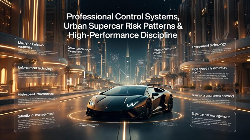 Lamborghini supercar in advanced urban environment showing professional driving control systems, risk awareness, and high-performance discipline infographic.