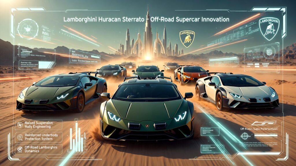 Lamborghini Huracan Sterrato Off-Road Supercar Rental Dubai Multiple Lamborghini Huracan Sterrato off-road supercars driving through animated desert terrain with futuristic holographic performance graphics