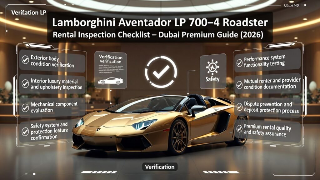 Luxury infographic showing a Lamborghini Aventador Roadster inside a premium Dubai rental showroom with structured inspection checklist points displayed around the vehicle in a futuristic design.
