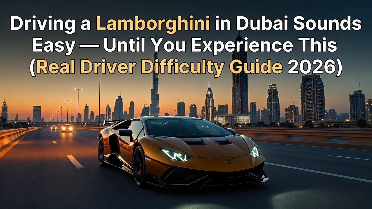 Luxury Lamborghini supercar driving through Dubai city at dusk with Burj Khalifa in the background and the title “Driving a Lamborghini in Dubai Sounds Easy — Until You Experience This (Real Driver Difficulty Guide 2026)” displayed at the top in a cinematic premium style.