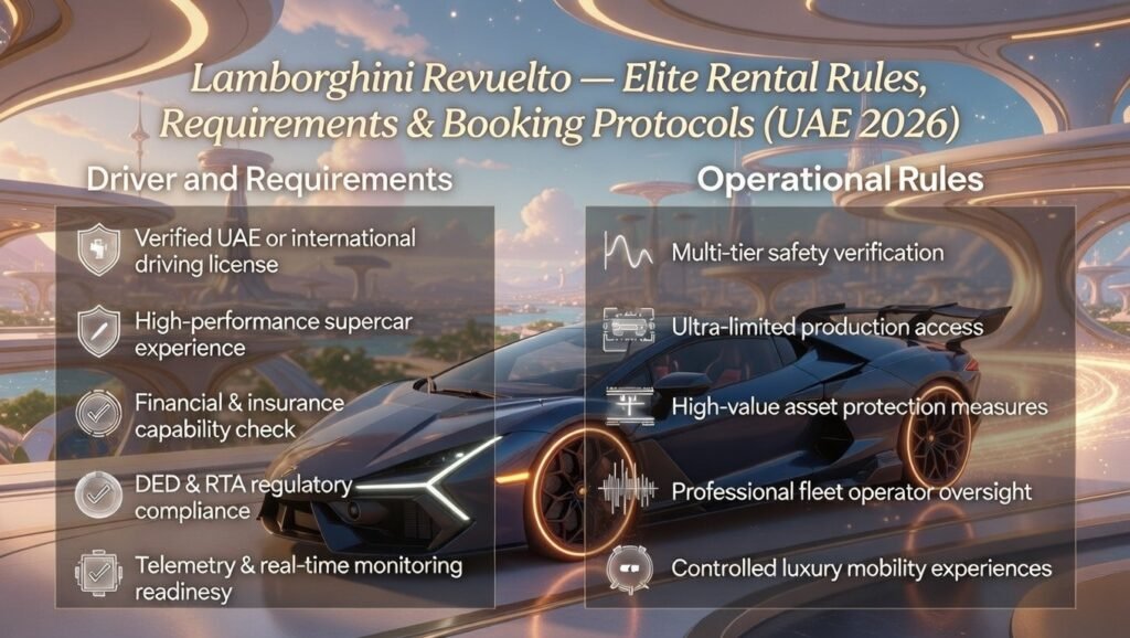 Infographic showing Lamborghini Revuelto at center with side bullet points detailing driver requirements, booking protocols, compliance rules, telemetry monitoring, and UAE regulatory verification.