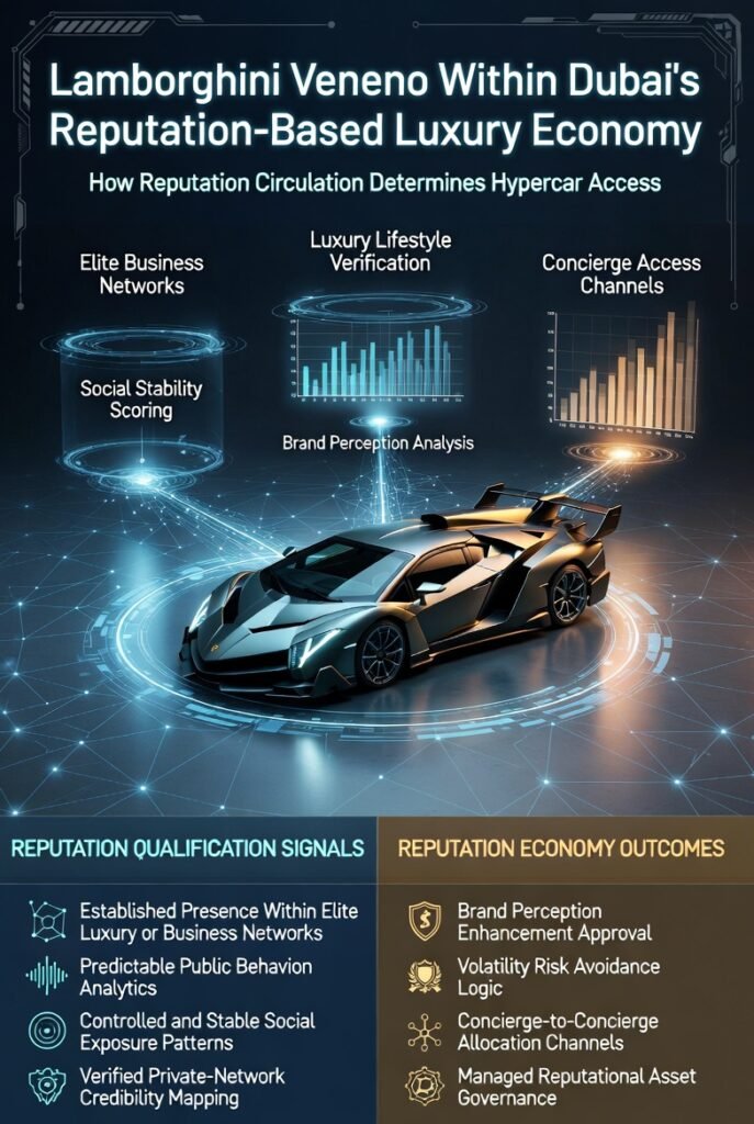Animated infographic showing a Lamborghini Veneno centered within a luxury reputation network, connected to elite business and concierge verification systems, illustrating how reputation, social stability, and closed-network validation influence Veneno rental access in Dubai.